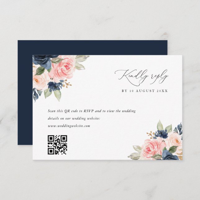 Navy blush pink QR code wedding RSVP card (Front/Back)