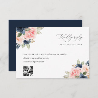 Navy blush pink QR code wedding RSVP card