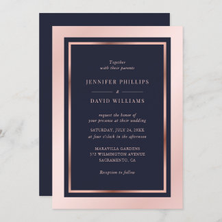 Navy Blush Pink Rose Gold Modern Framed Wedding Invitation