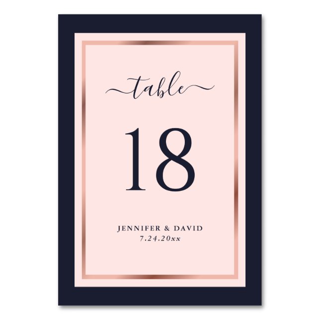 Navy Blush Pink Rose Gold Wedding Table Number (Front)