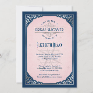 Navy Blush Pink Silver Vintage Frame Bridal Shower Invitation
