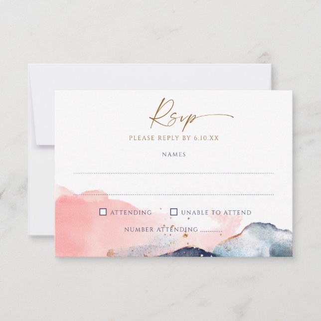 Navy Blush Pink Wedding Meal Choice & Song RSVP Card (Front)