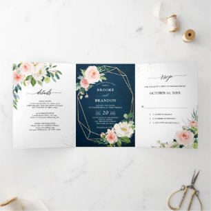 Navy Blush Pretty Pink Floral Botanical Wedding Tri-Fold Announcement