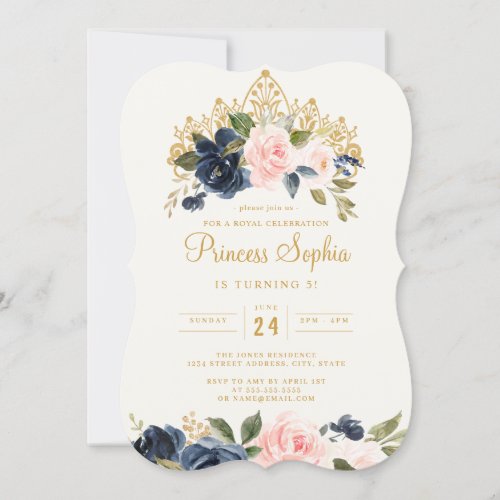 Navy Blush Princess Floral Tiara Birthday Invitation