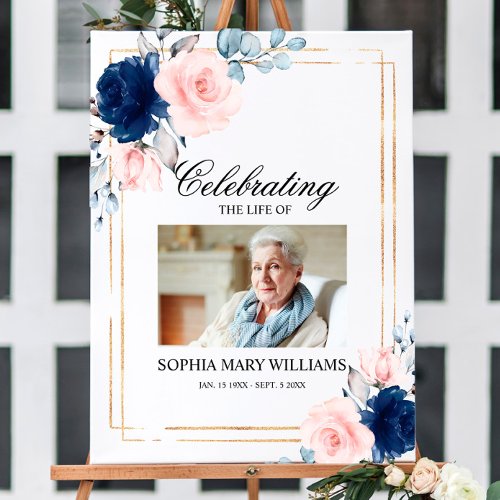 Navy  Blush Rose Flowers Funeral Welcome Sign