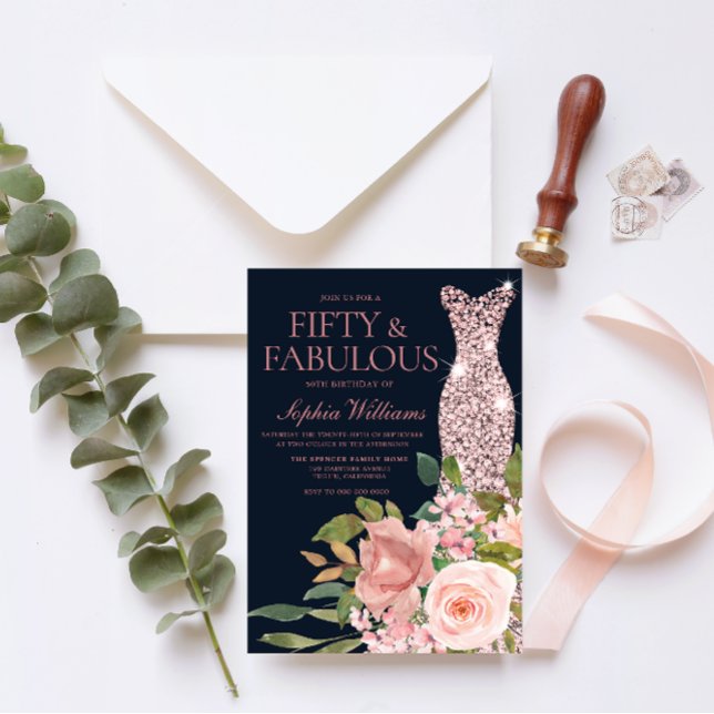 Navy & Blush Rose Gold Dress Floral 50th Birthday Invitation (Creator Uploaded)
