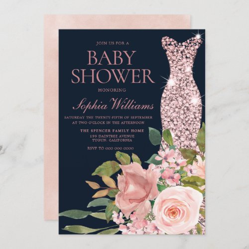 Navy  Blush Rose Gold Dress Floral Baby Shower Invitation
