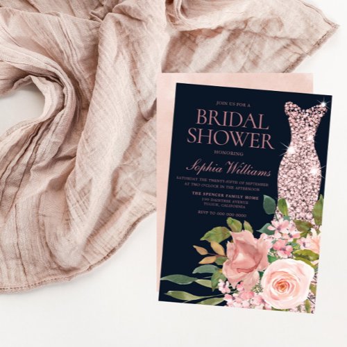 Navy  Blush Rose Gold Dress Floral Bridal Shower Invitation