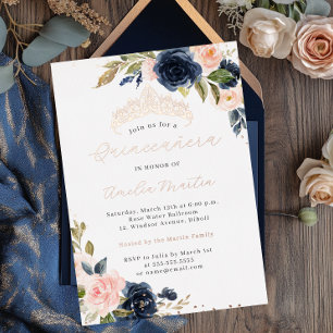 Navy Blush Rose Gold Quinceanera Foil Invitation