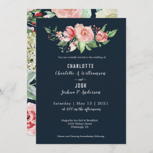 Navy Blush Roses Farmhouse Boho Wedding Invitation