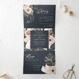 NAVY BLUSH RUST MONSTERA FLORA WATERCOLOR WEDDING Tri-Fold INVITATION