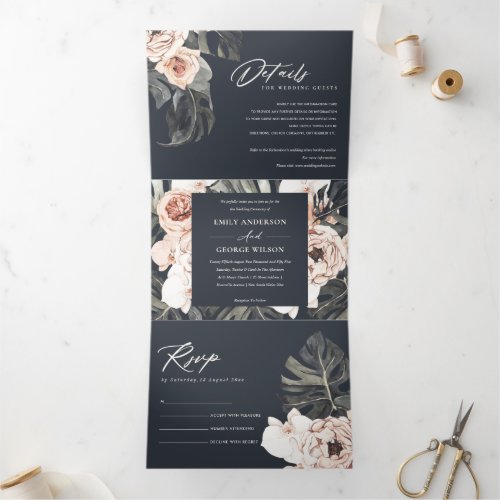 NAVY BLUSH RUST MONSTERA FLORA WATERCOLOR  WEDDING Tri_Fold INVITATION