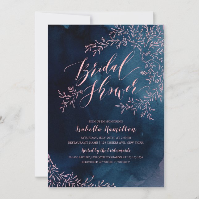 Navy blush rustic floral calligraphy bridal shower invitation (Front)