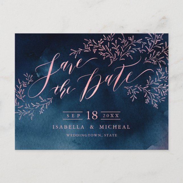 Navy blush rustic floral calligraphy save the date announcement postcard (Front)