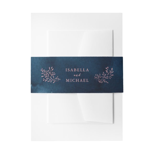Navy blush rustic floral wedding invitation belly band (Front Example)