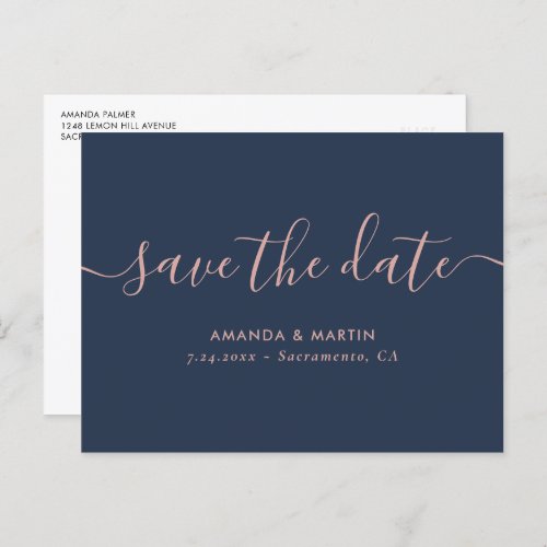 Navy Blush Script Wedding Save The Date Postcards