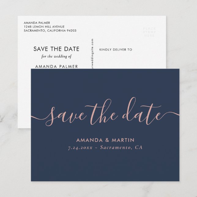 Navy Blush Script Wedding Save The Date Postcards (Front/Back)