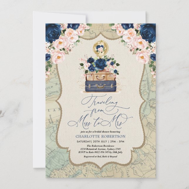 Navy Blush Travel Adventure Bridal Shower Invitation (Front)