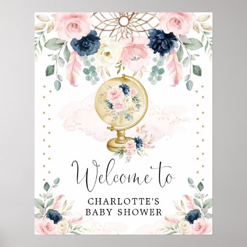 Navy Blush Travel Dreamcatcher Welcome Baby Shower Poster