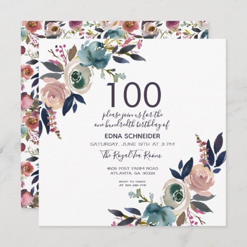 Navy  Blush Vintage Floral  100th Birthday Invitation