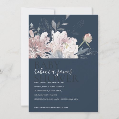 NAVY BLUSH WATERCOLOR FLORAL BABY SHOWER INVITE