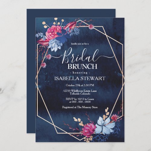 Navy Blush Watercolor Floral Chic Bridal Brunch Invitation