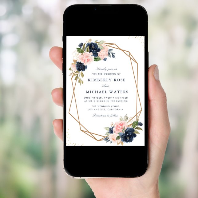 Navy & blush watercolor floral geometric wedding invitation (Front Digital)