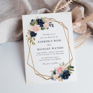 Navy & blush watercolor floral geometric wedding invitation