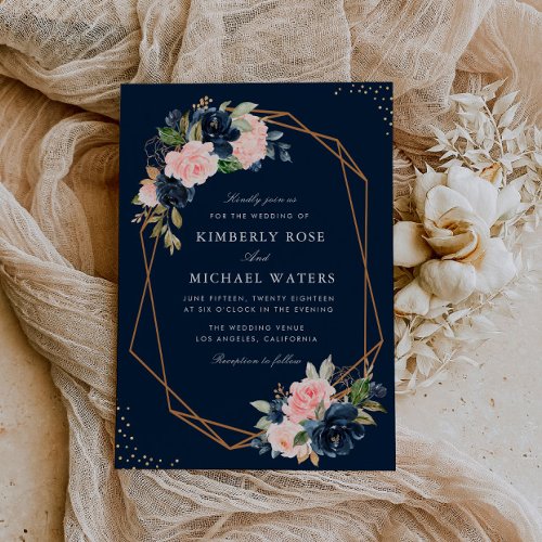 Navy  blush watercolor floral geometric wedding invitation
