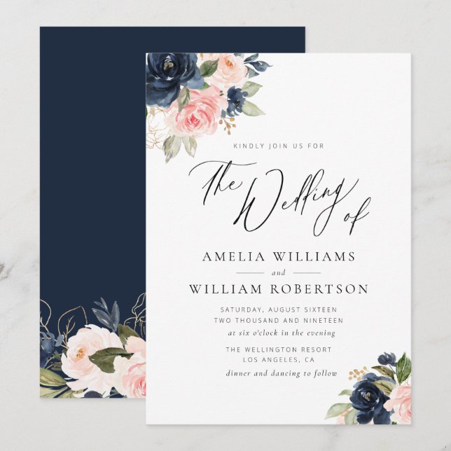 Navy blush watercolor floral  invitation (Front/Back)