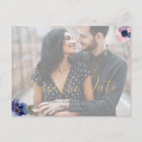 Navy  Blush Watercolor Floral Photo Save The Date Invitation Postcard