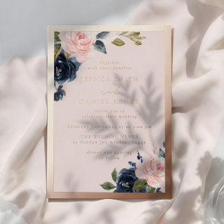 Navy & Blush Watercolor Floral Rose Gold Wedding Foil Invitation