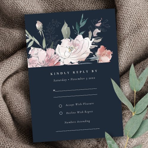 Navy Blush Watercolor Floral Wedding Details RSVP Card
