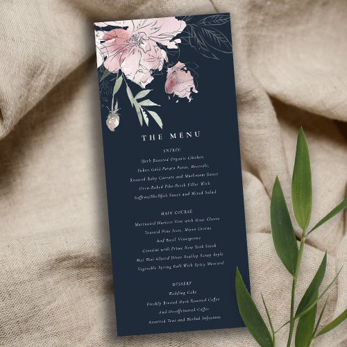 Navy Blush Watercolor Floral Wedding Menu Card