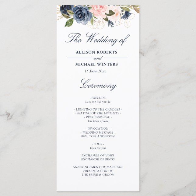 Navy & blush watercolor floral wedding program (Front)
