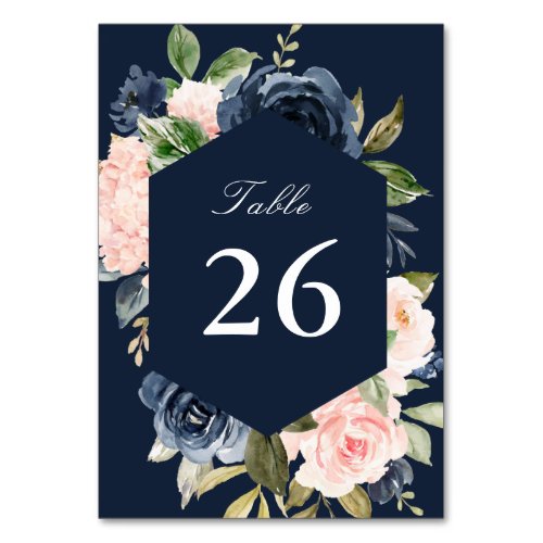 Navy  blush watercolor floral wedding table number