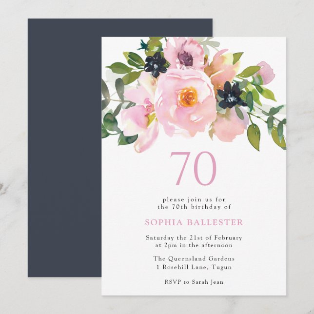 Navy Blush Watercolor Flowers 70th Birthday Party Invitation (Front/Back)