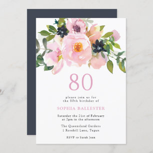 Navy Blush Watercolor Flowers 80th Birthday Party Invitation
