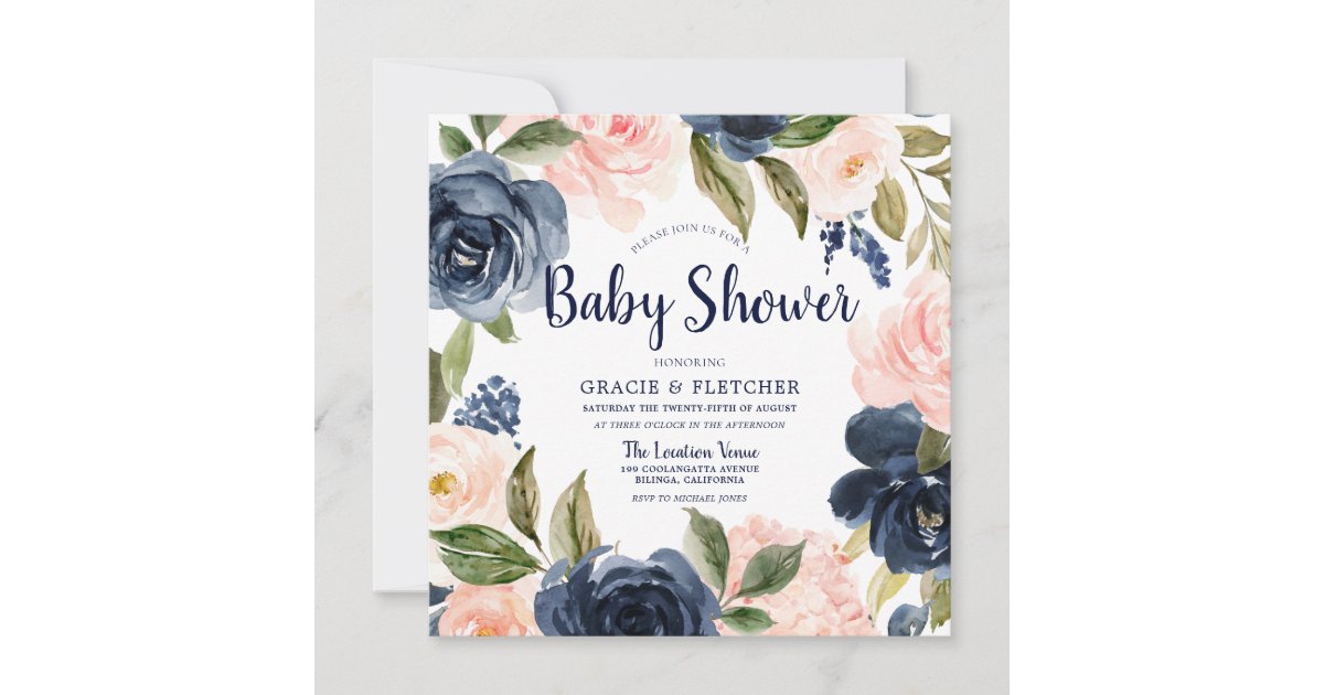 Navy Blush Watercolor Flowers Baby Shower Invitation | Zazzle