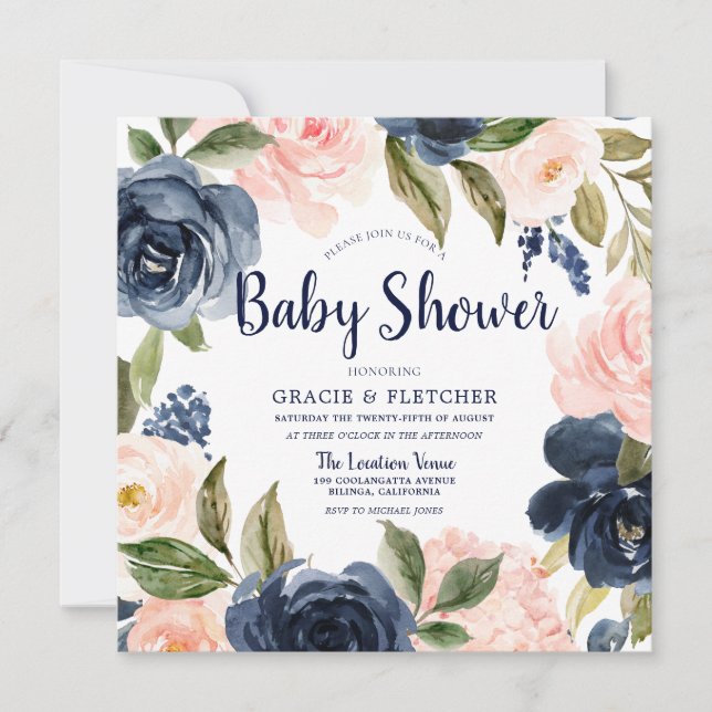 Navy Blush Watercolor Flowers Baby Shower Invitation (Front)
