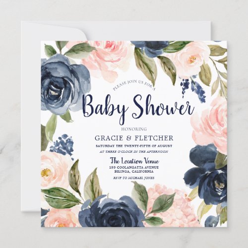 Navy Blush Watercolor Flowers Baby Shower Invitation