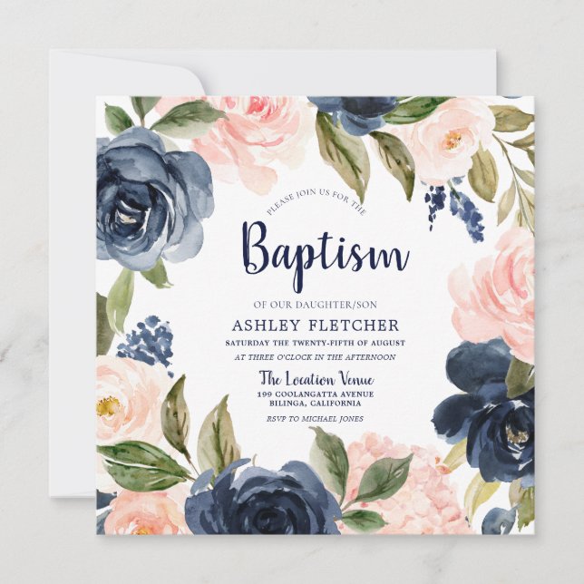Navy Blush Watercolor Flowers Boy Girl Baptism Invitation (Front)
