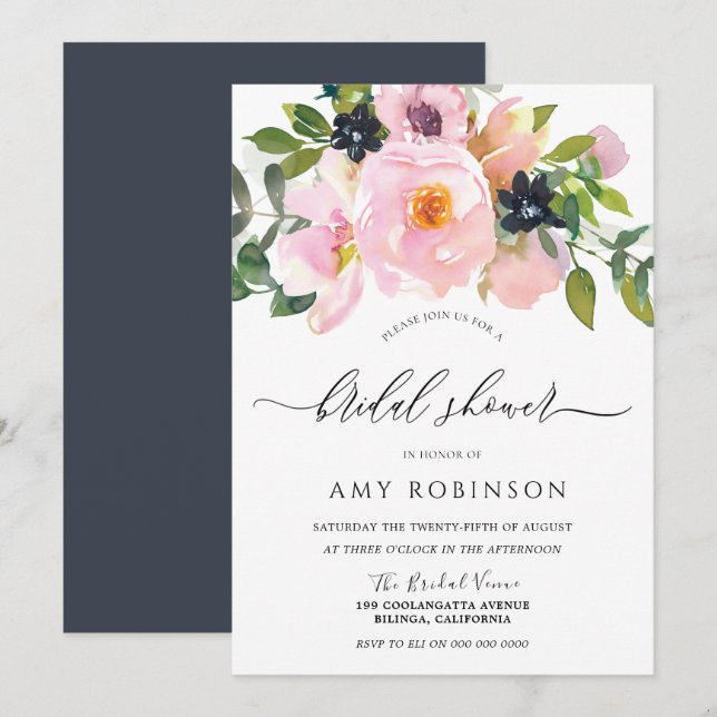 Navy & Blush Watercolor Flowers Bridal Shower Invitation (Front/Back)
