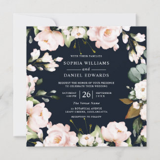Navy & Blush Watercolor Flowers Elegant Wedding Invitation