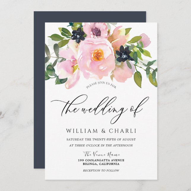Navy & Blush Watercolor Flowers Wedding Invitation (Front/Back)
