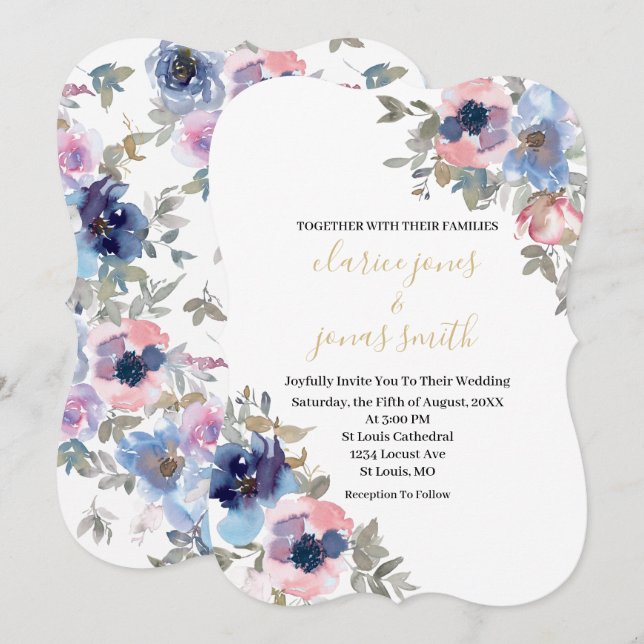 Navy & Blush Watercolor Flowers Wedding Invitation (Front/Back)