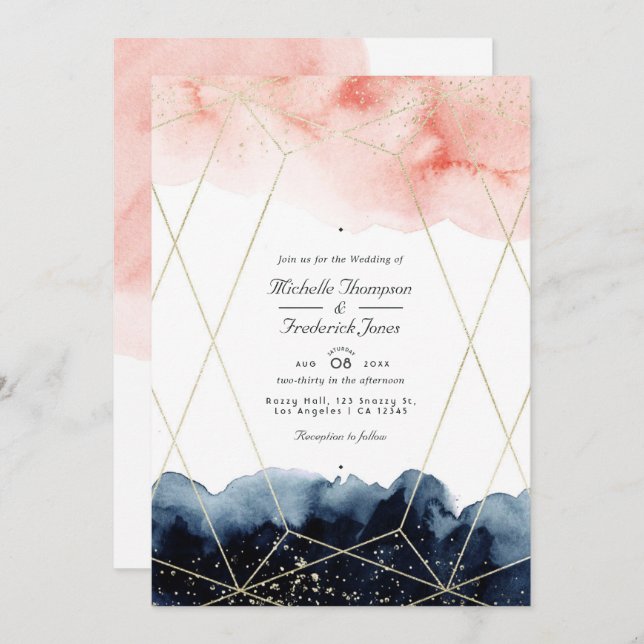 Navy & Blush Watercolor Geometric QR Code Wedding Invitation (Front/Back)