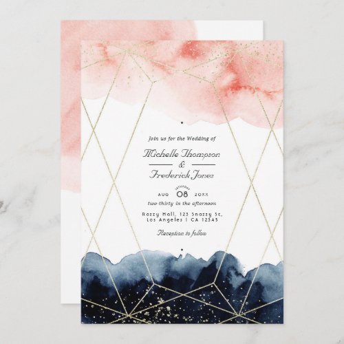 Navy  Blush Watercolor Geometric QR Code Wedding Invitation