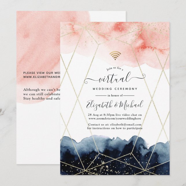 Navy & Blush Watercolor Geometric Virtual Wedding Invitation (Front/Back)