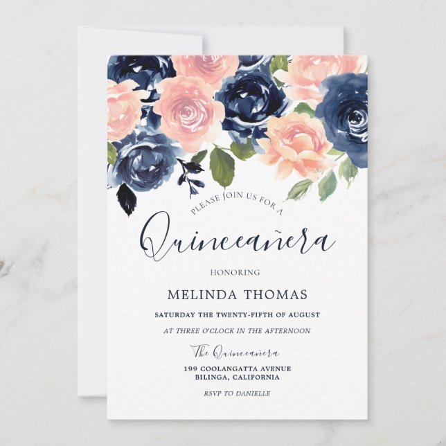 Navy & Blush Watercolor Quinceañera 15th Birthday Invitation (Front)
